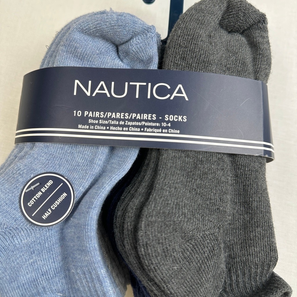 Nautica 10 Pair Kids 10-4 Crew Socks Cotton Blend Cushion Gray Blue - Picture 2 of 8